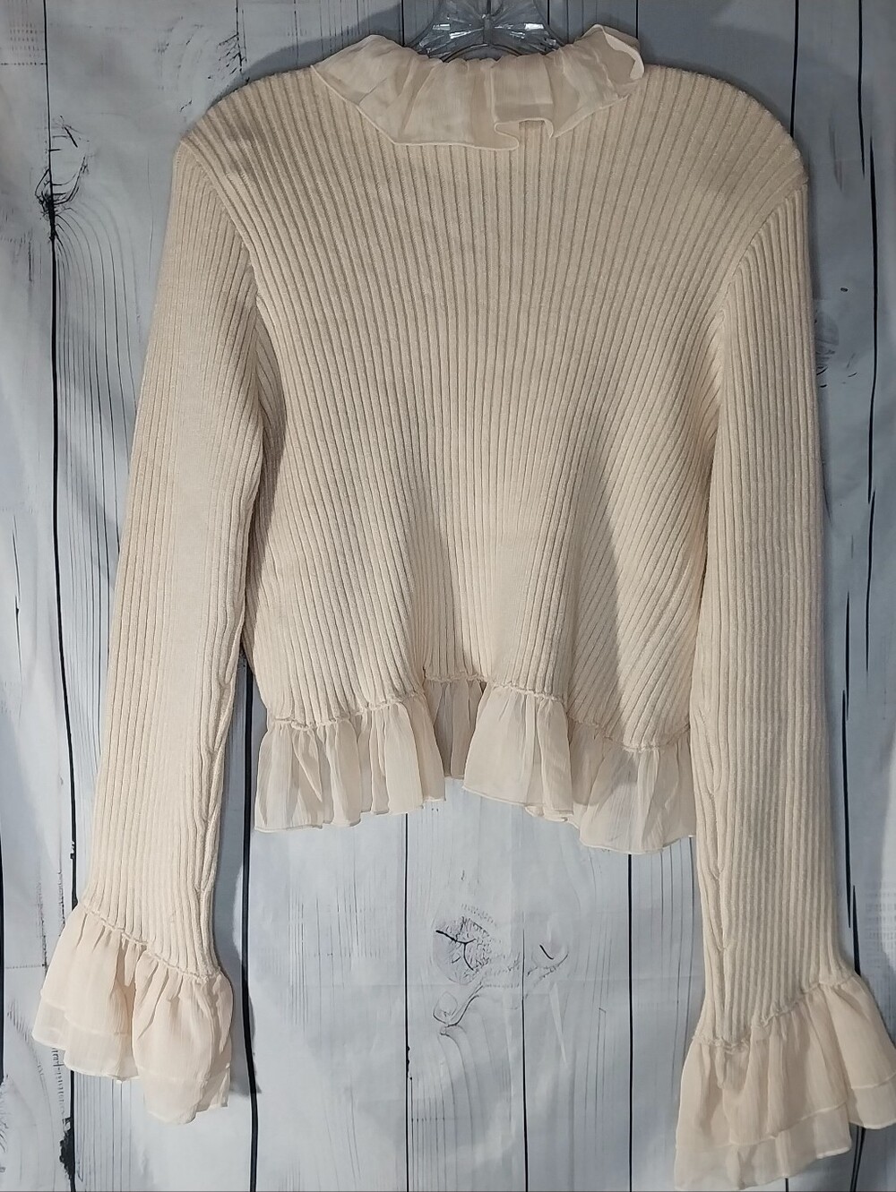 MABLE Cream Ribbed Ruffle-Trim Fairycore Soft Girl Dollette Cardigan NWT - Picture 6 of 9